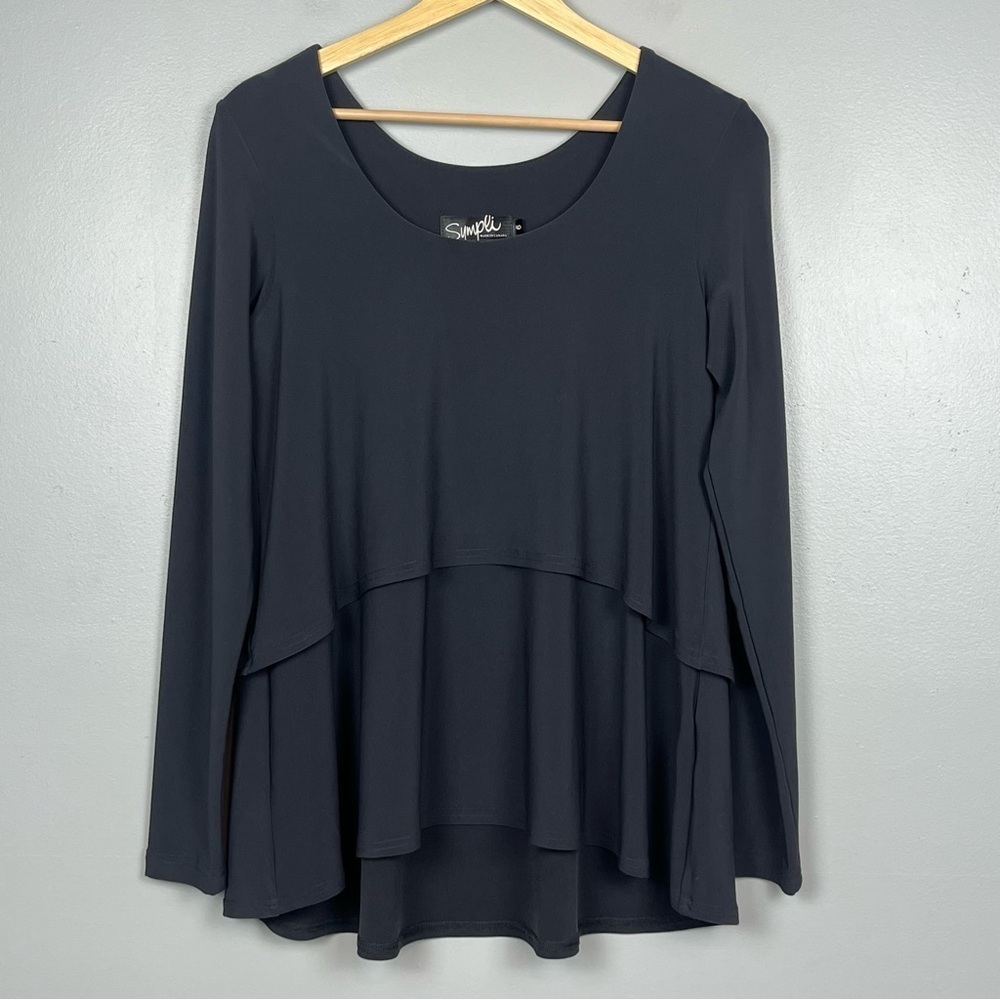 Sympli charcoal gray hi-lo layered ruffle long sleeve top, size 6.